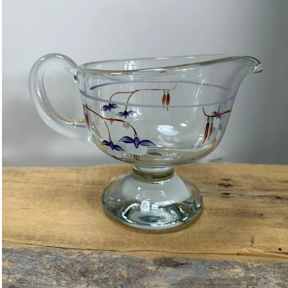 Vintage Hand Painted Fuchsia Floral Glass Gravy Boat Footed Pitcher Cottagecore